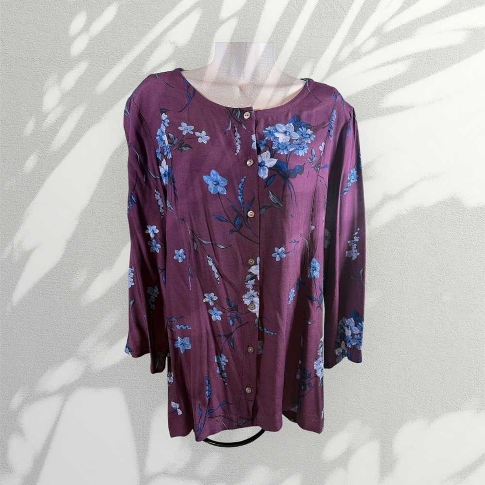 J Jill Shirt Womens Large Purple Flared Sleeves Tunic Floral Back Tie Aubergine